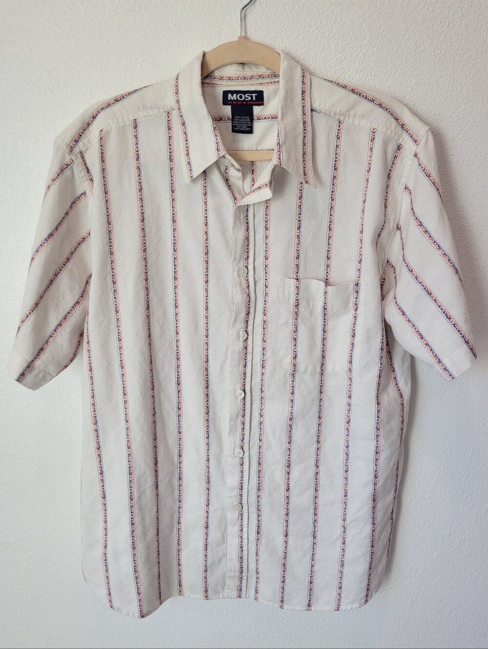 Vintage Most Mens L Cotton Striped Button Up Shirt Boho Beachy Short Sleeve